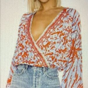 Free People Cruisin Together wrap blouse Coral and Light Blue